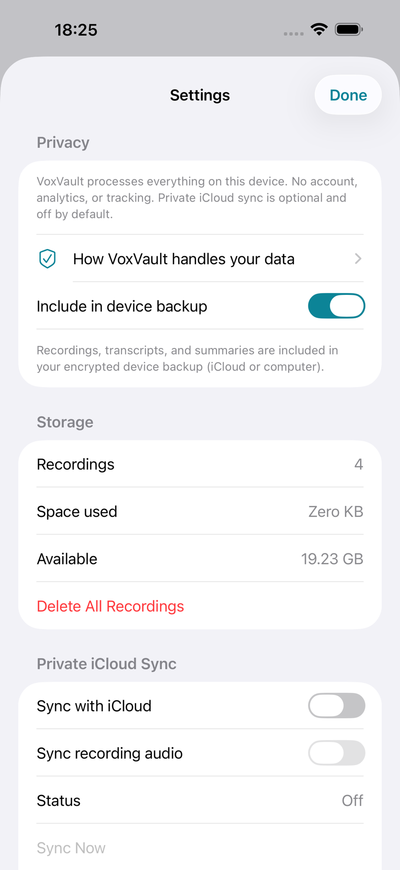 VoxVault Settings showing optional private iCloud sync and its separate audio control