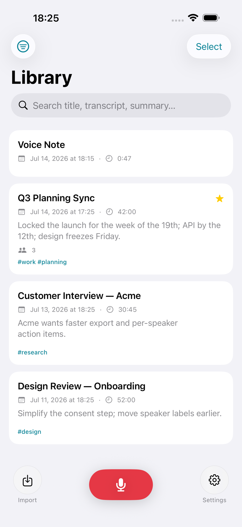 VoxVault library screen listing saved and imported recordings with search and organization controls