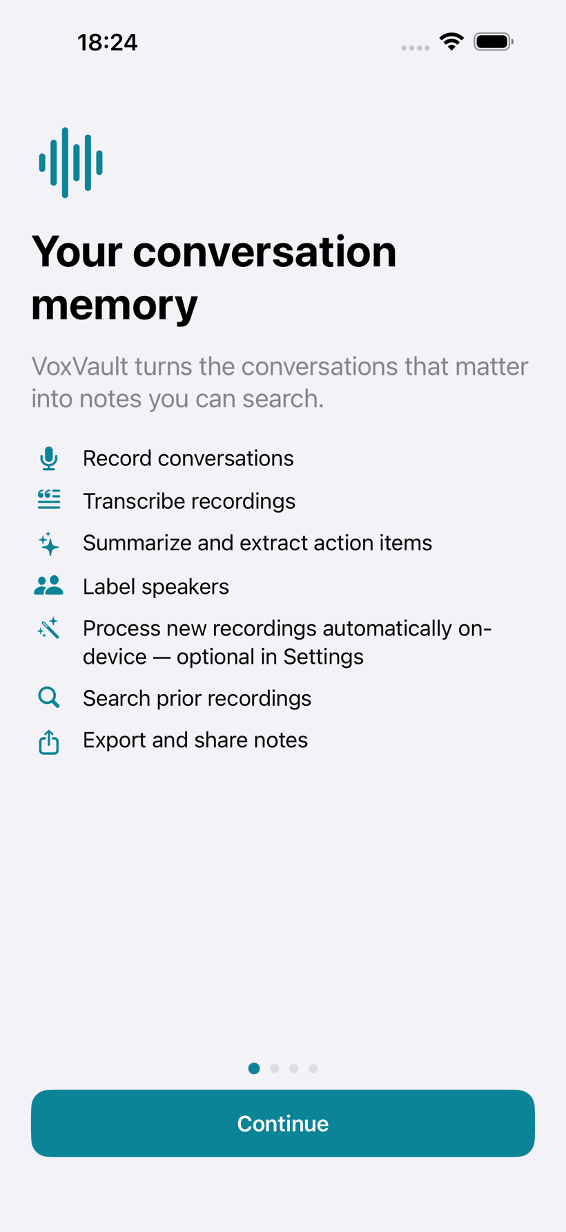 VoxVault onboarding screen explaining its private-by-design approach