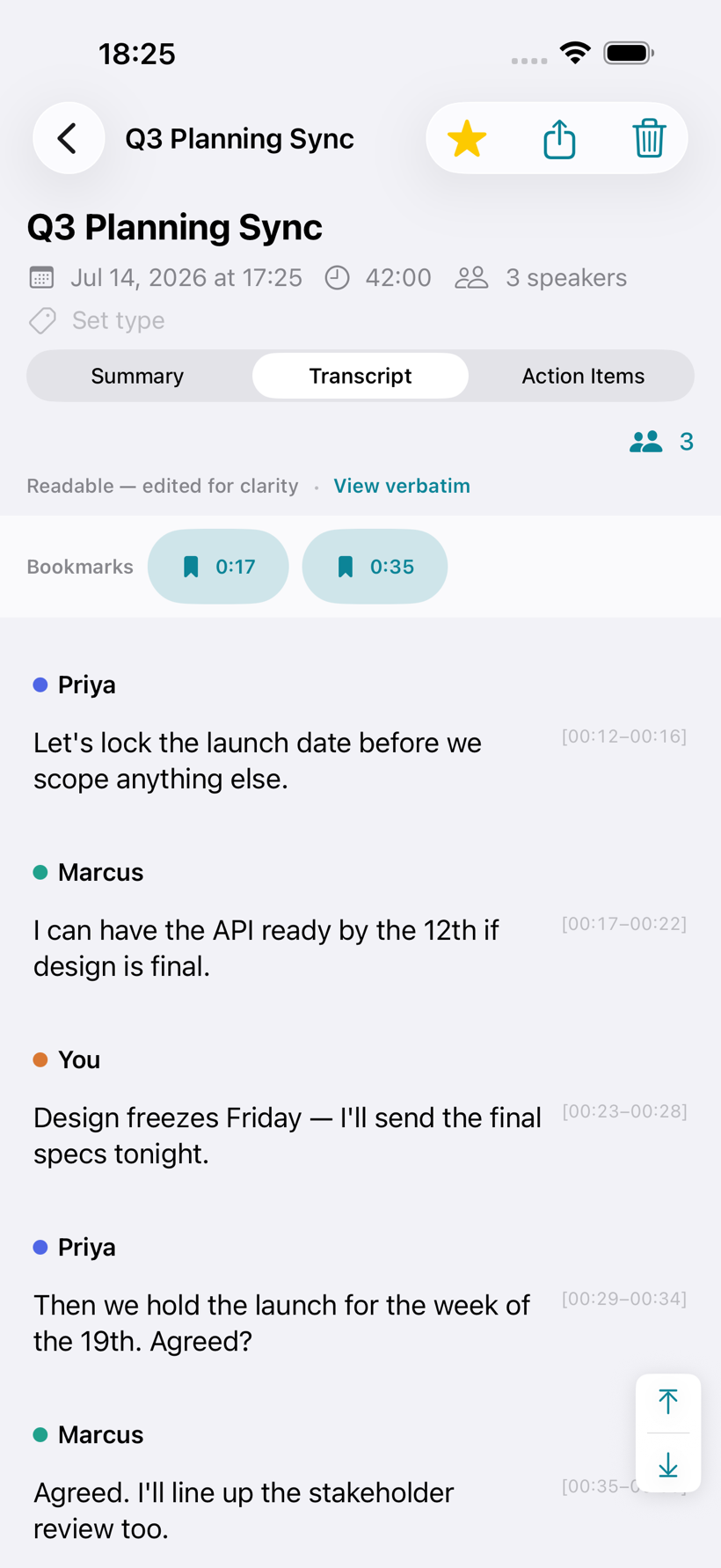 VoxVault recording detail showing the view-only Readable transcript mode