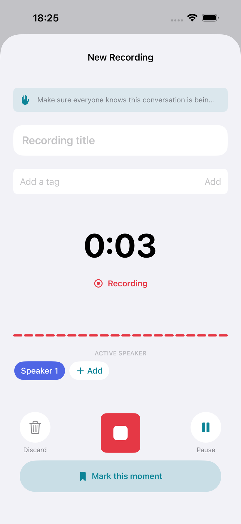 VoxVault recording screen: a live timer, a consent reminder, a waveform, and active-speaker controls