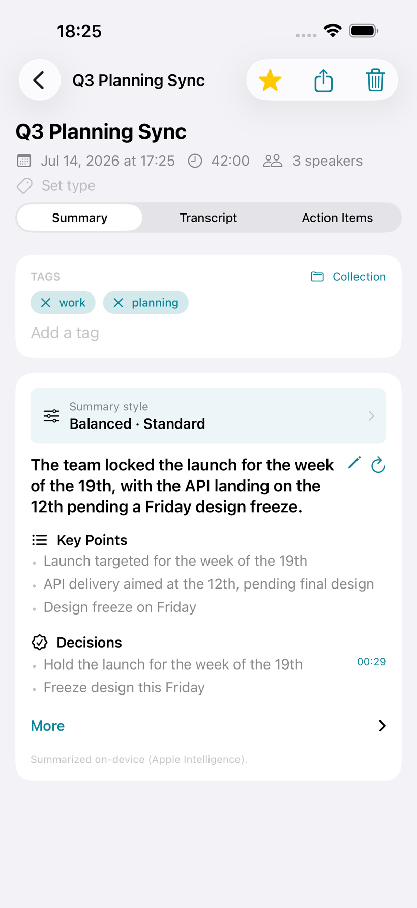 VoxVault on-device summary with key points, decisions, and action items